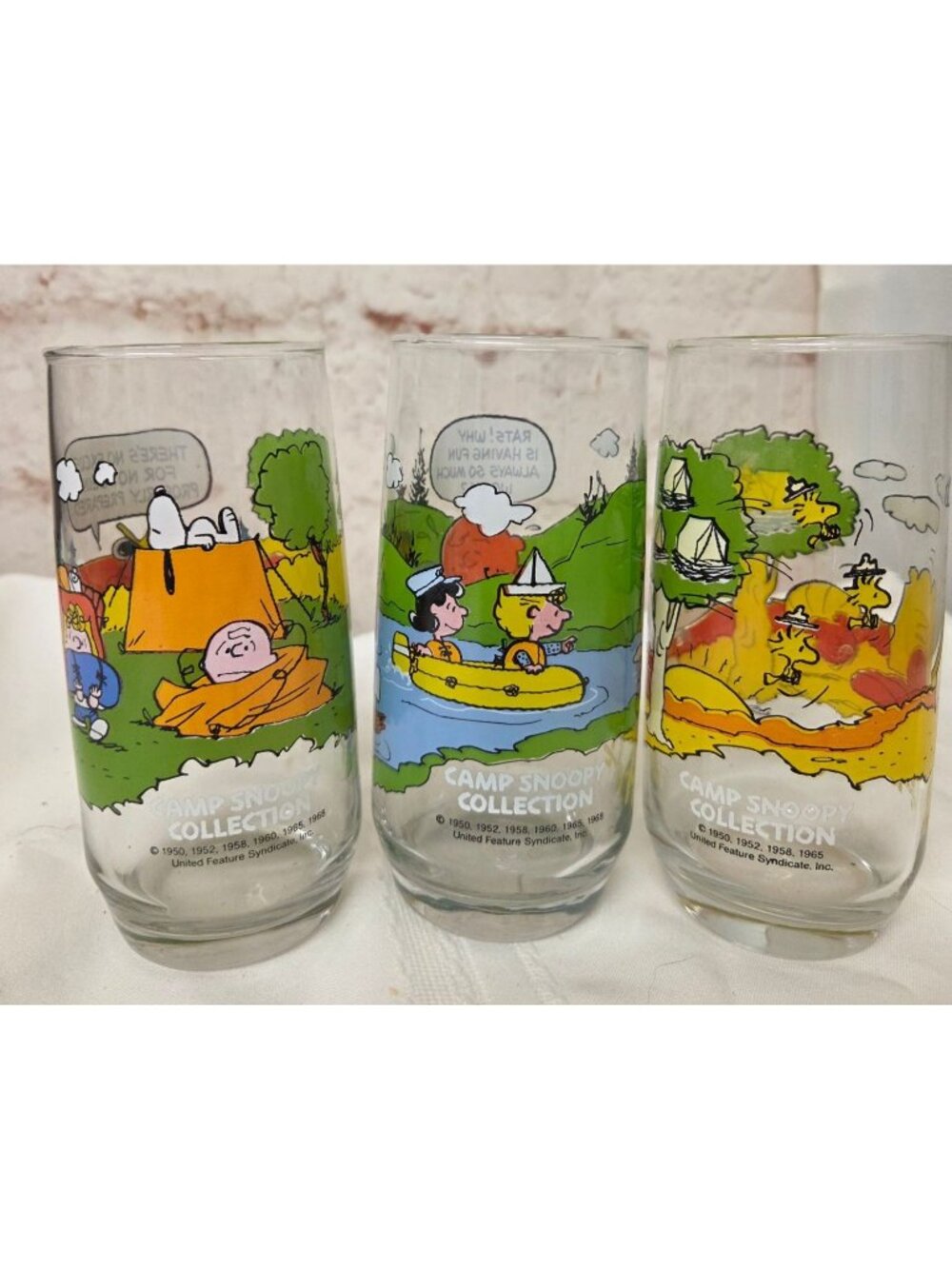 3 Vintage Camp Snoopy Glass Tumblers Peanuts Comics